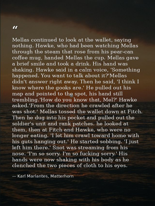 Mellas continued to look at the wallet, saying nothing. Hawke, who had been watching Mellas through the steam that rose  — Karl Marlantes, Matterhorn
