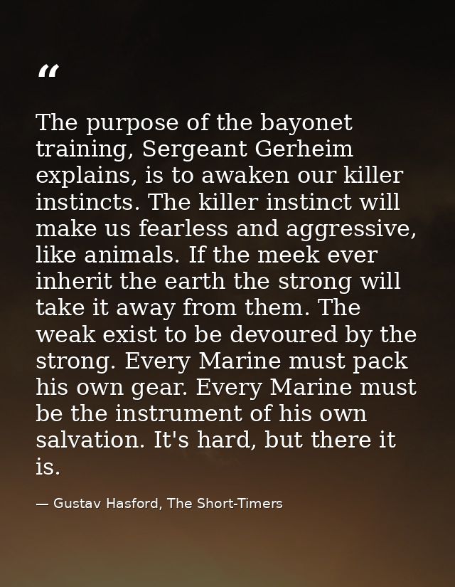 The purpose of the bayonet training, Sergeant Gerheim explains, is to awaken our killer instincts. The killer instinct w — Gustav Hasford, The Short-Timers