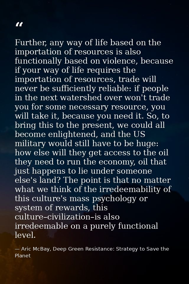 Further, any way of life based on the importation of resources is also functionally based on violence, because if your w — Aric McBay, Deep Green Resistance: Strategy to Save the Planet