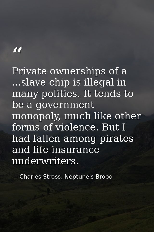 Private ownerships of a ...slave chip is illegal in many polities. It tends to be a government monopoly, much like other — Charles Stross, Neptune's Brood