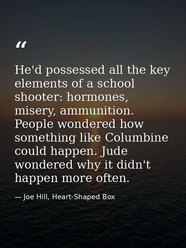 He'd possessed all the key elements of a school shooter: hormones, misery, ammunition. People wondered how something lik — Joe Hill, Heart-Shaped Box
