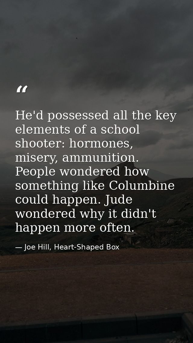 He'd possessed all the key elements of a school shooter: hormones, misery, ammunition. People wondered how something lik — Joe Hill, Heart-Shaped Box