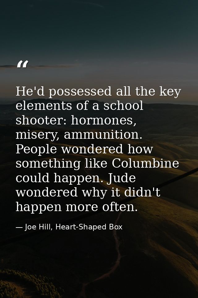 He'd possessed all the key elements of a school shooter: hormones, misery, ammunition. People wondered how something lik — Joe Hill, Heart-Shaped Box