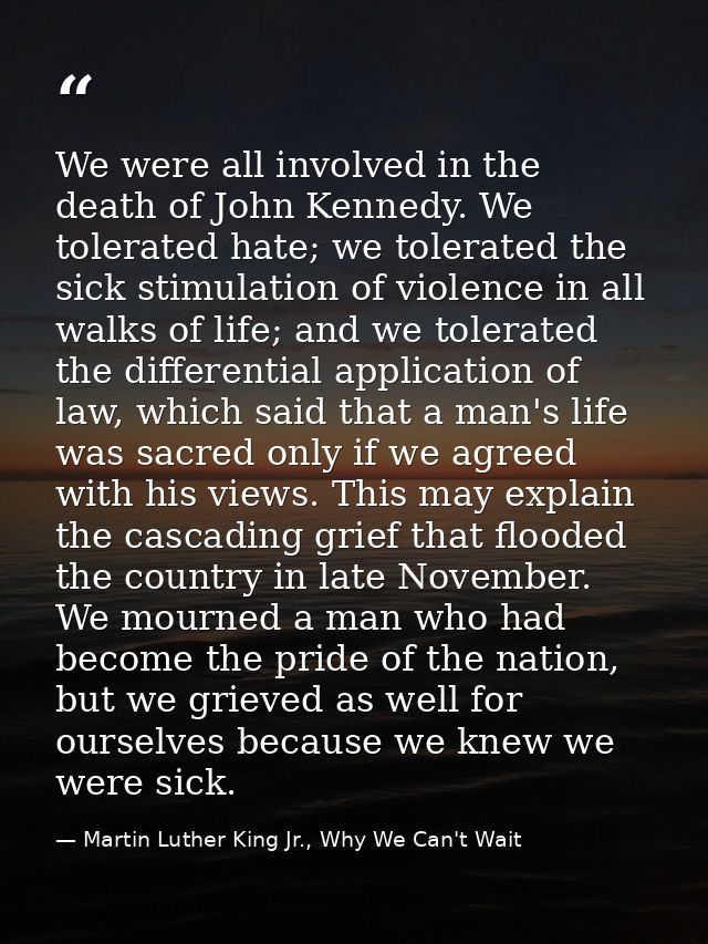 We were all involved in the death of John Kennedy. We tolerated hate; we tolerated the sick stimulation of violence in a — Martin Luther King Jr., Why We Can't Wait