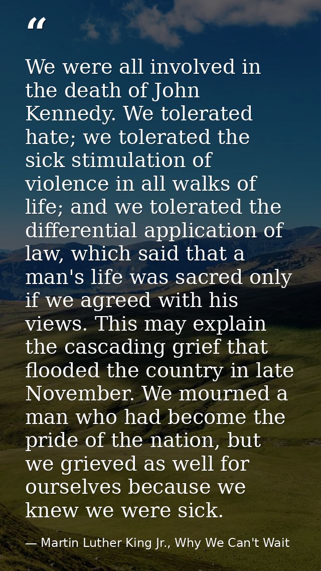 We were all involved in the death of John Kennedy. We tolerated hate; we tolerated the sick stimulation of violence in a — Martin Luther King Jr., Why We Can't Wait