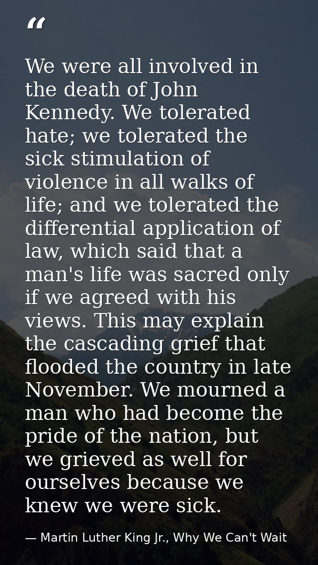 We were all involved in the death of John Kennedy. We tolerated hate; we tolerated the sick stimulation of violence in a — Martin Luther King Jr., Why We Can't Wait