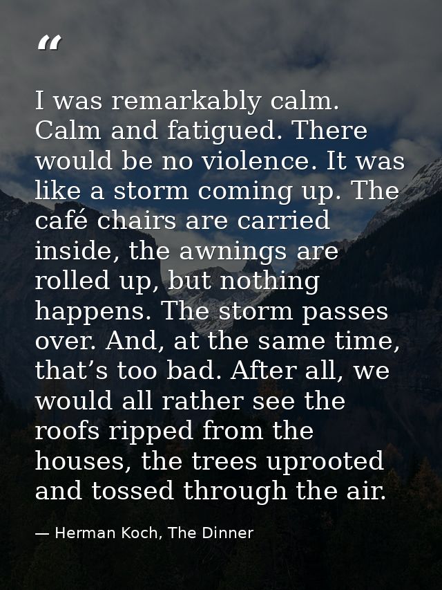 I was remarkably calm. Calm and fatigued. There would be no violence. It was like a storm coming up. The café chairs are — Herman Koch, The Dinner