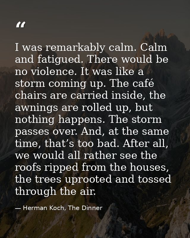 I was remarkably calm. Calm and fatigued. There would be no violence. It was like a storm coming up. The café chairs are — Herman Koch, The Dinner