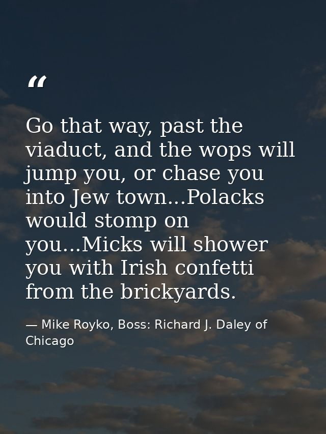 Go that way, past the viaduct, and the wops will jump you, or chase you into Jew town...Polacks would stomp on you...Mic — Mike Royko, Boss: Richard J. Daley of Chicago