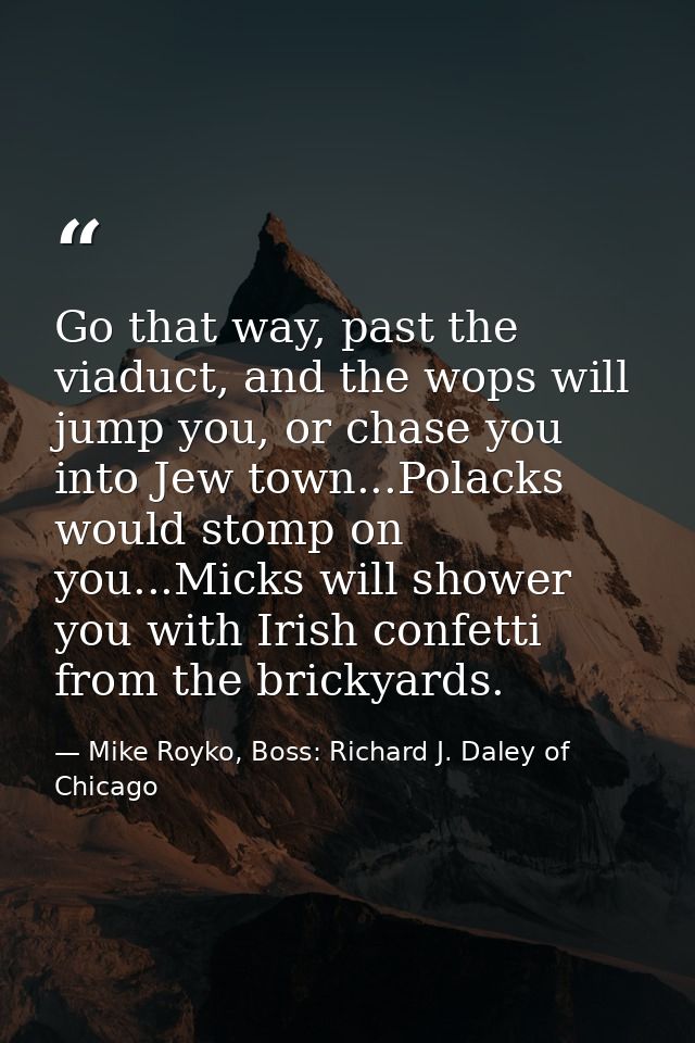 Go that way, past the viaduct, and the wops will jump you, or chase you into Jew town...Polacks would stomp on you...Mic — Mike Royko, Boss: Richard J. Daley of Chicago