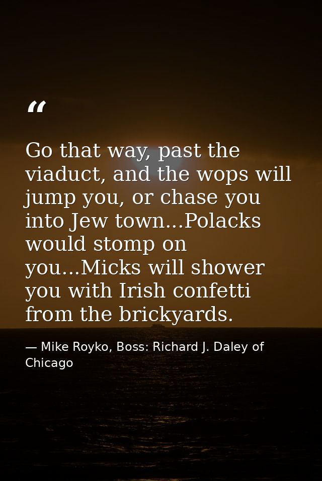 Go that way, past the viaduct, and the wops will jump you, or chase you into Jew town...Polacks would stomp on you...Mic — Mike Royko, Boss: Richard J. Daley of Chicago