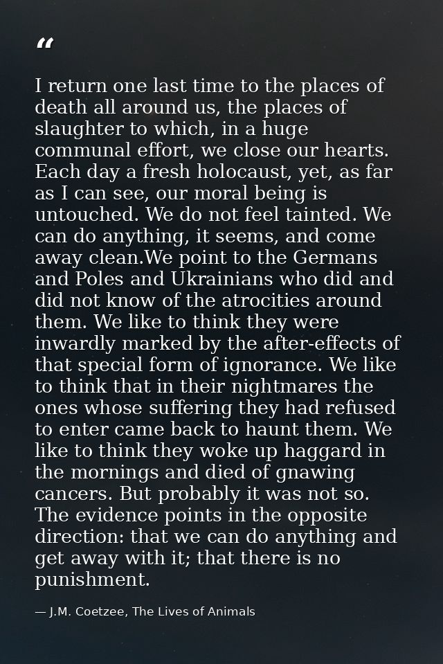 I return one last time to the places of death all around us, the places of slaughter to which, in a huge communal effort — J.M. Coetzee, The Lives of Animals