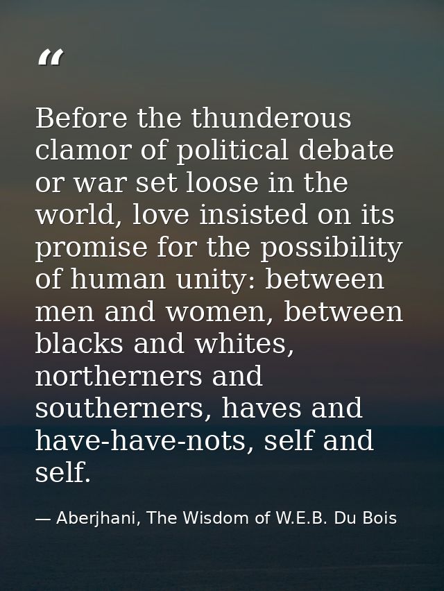 Before the thunderous clamor of political debate or war set loose in the world, love insisted on its promise for the pos — Aberjhani, The Wisdom of W.E.B. Du Bois