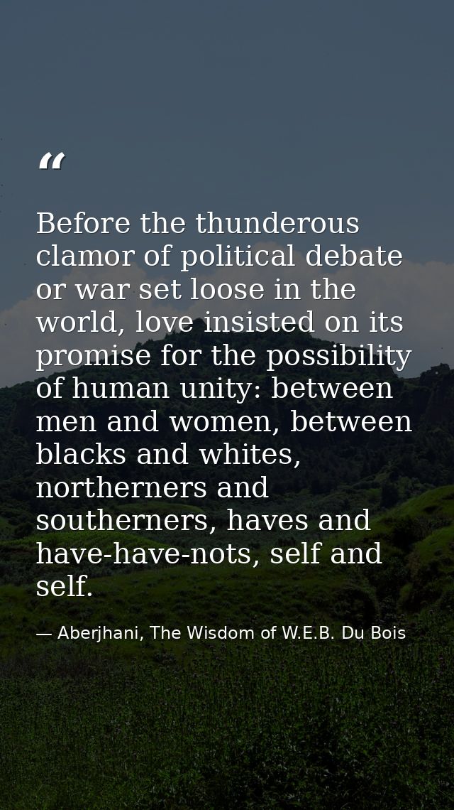 Before the thunderous clamor of political debate or war set loose in the world, love insisted on its promise for the pos — Aberjhani, The Wisdom of W.E.B. Du Bois