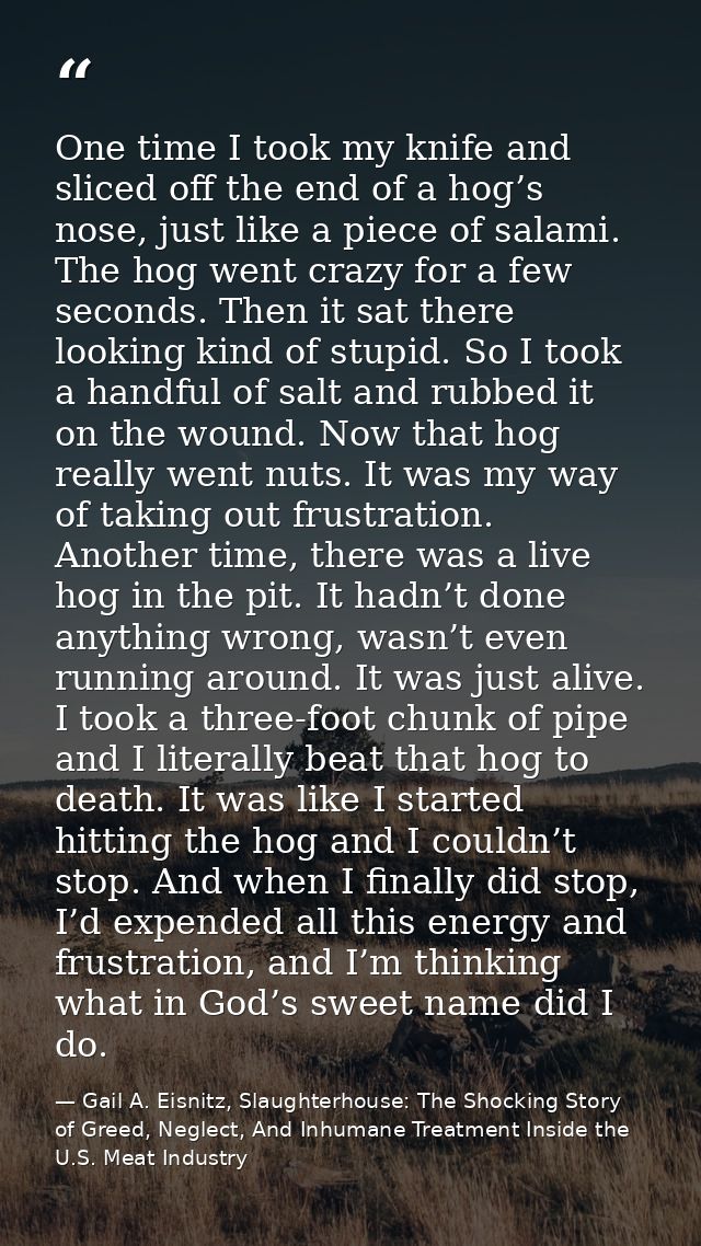 One time I took my knife and sliced off the end of a hog’s nose, just like a piece of salami. The hog went crazy for a f — Gail A. Eisnitz, Slaughterhouse: The Shocking Story of Greed, Neglect, And Inhumane Treatment Inside the U.S. Meat Industry