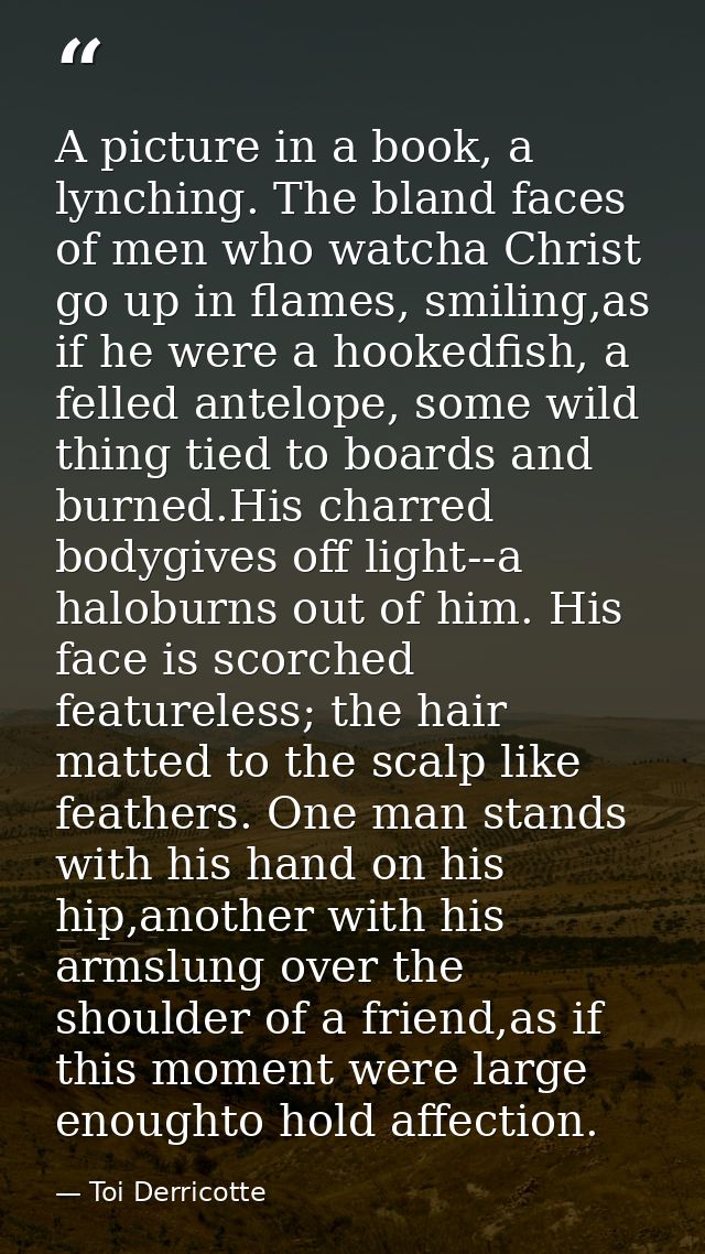 A picture in a book, a lynching. The bland faces of men who watcha Christ go up in flames, smiling,as if he were a hooke — Toi Derricotte