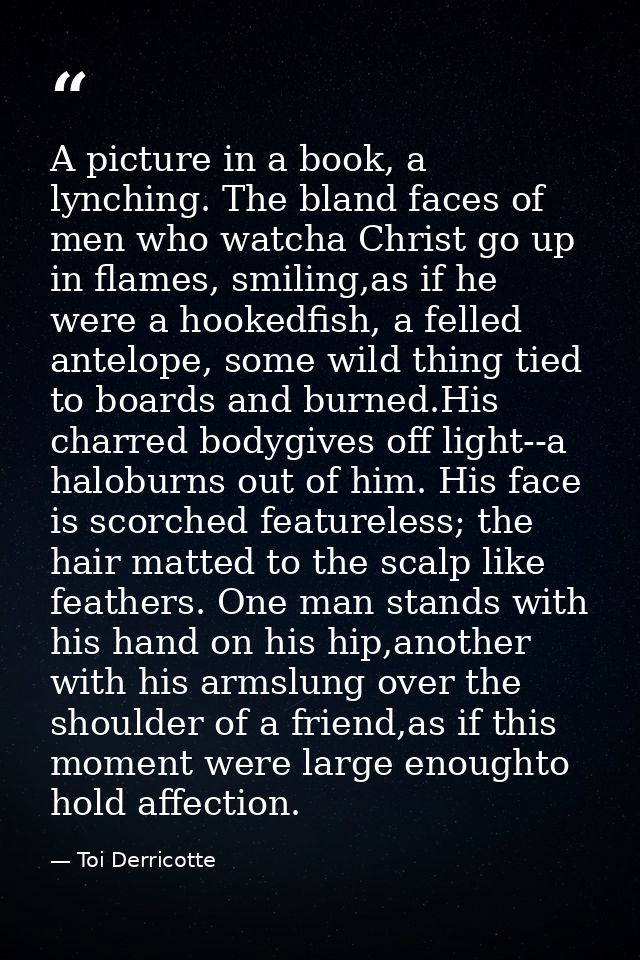 A picture in a book, a lynching. The bland faces of men who watcha Christ go up in flames, smiling,as if he were a hooke — Toi Derricotte