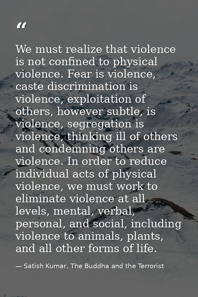 We must realize that violence is not confined to physical violence. Fear is violence, caste discrimination is violence,  — Satish Kumar, The Buddha and the Terrorist