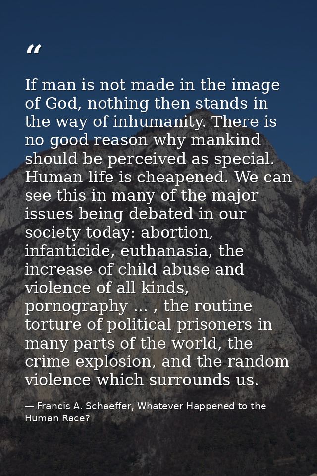 If man is not made in the image of God, nothing then stands in the way of inhumanity. There is no good reason why mankin — Francis A. Schaeffer, Whatever Happened to the Human Race?