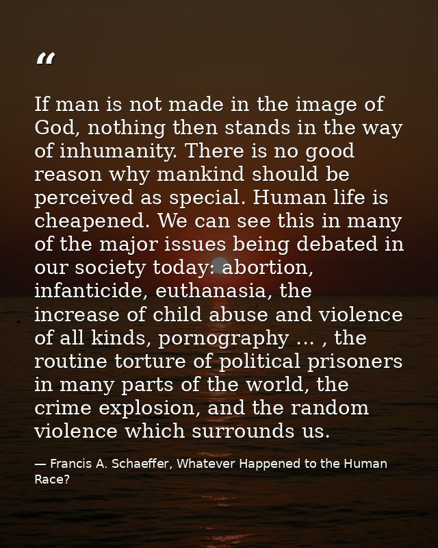 If man is not made in the image of God, nothing then stands in the way of inhumanity. There is no good reason why mankin — Francis A. Schaeffer, Whatever Happened to the Human Race?