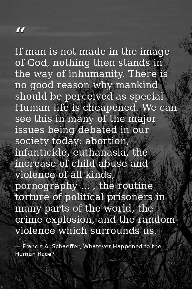 If man is not made in the image of God, nothing then stands in the way of inhumanity. There is no good reason why mankin — Francis A. Schaeffer, Whatever Happened to the Human Race?