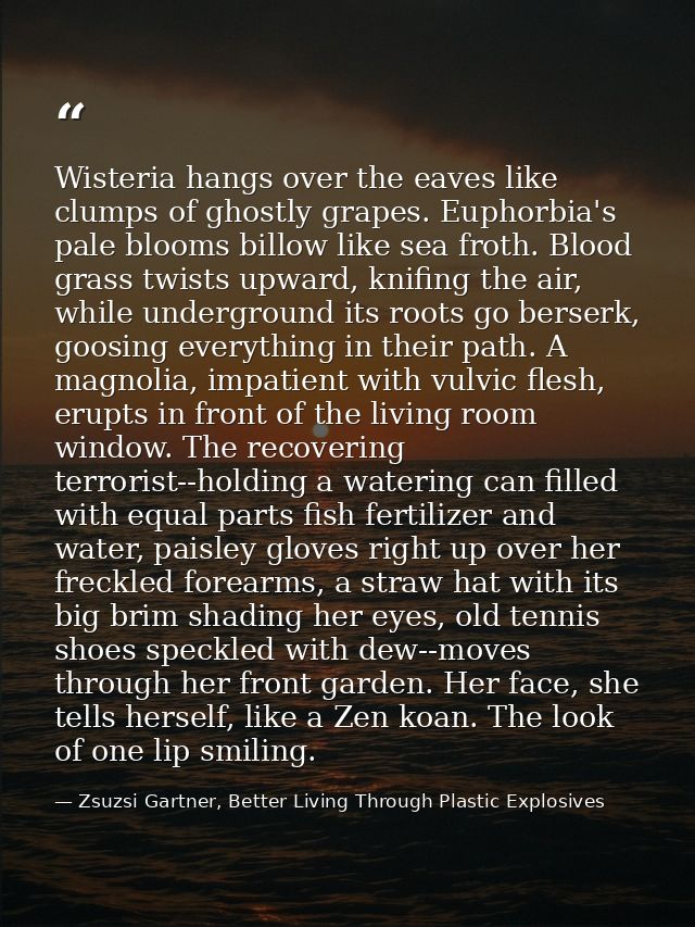Wisteria hangs over the eaves like clumps of ghostly grapes. Euphorbia's pale blooms billow like sea froth. Blood grass  — Zsuzsi Gartner, Better Living Through Plastic Explosives