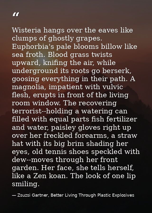 Wisteria hangs over the eaves like clumps of ghostly grapes. Euphorbia's pale blooms billow like sea froth. Blood grass  — Zsuzsi Gartner, Better Living Through Plastic Explosives