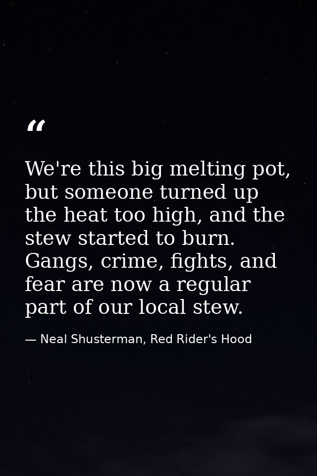 We're this big melting pot, but someone turned up the heat too high, and the stew started to burn. Gangs, crime, fights, — Neal Shusterman, Red Rider's Hood