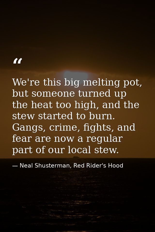 We're this big melting pot, but someone turned up the heat too high, and the stew started to burn. Gangs, crime, fights, — Neal Shusterman, Red Rider's Hood