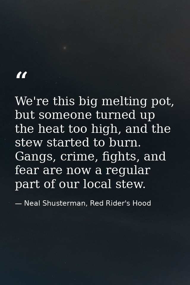 We're this big melting pot, but someone turned up the heat too high, and the stew started to burn. Gangs, crime, fights, — Neal Shusterman, Red Rider's Hood