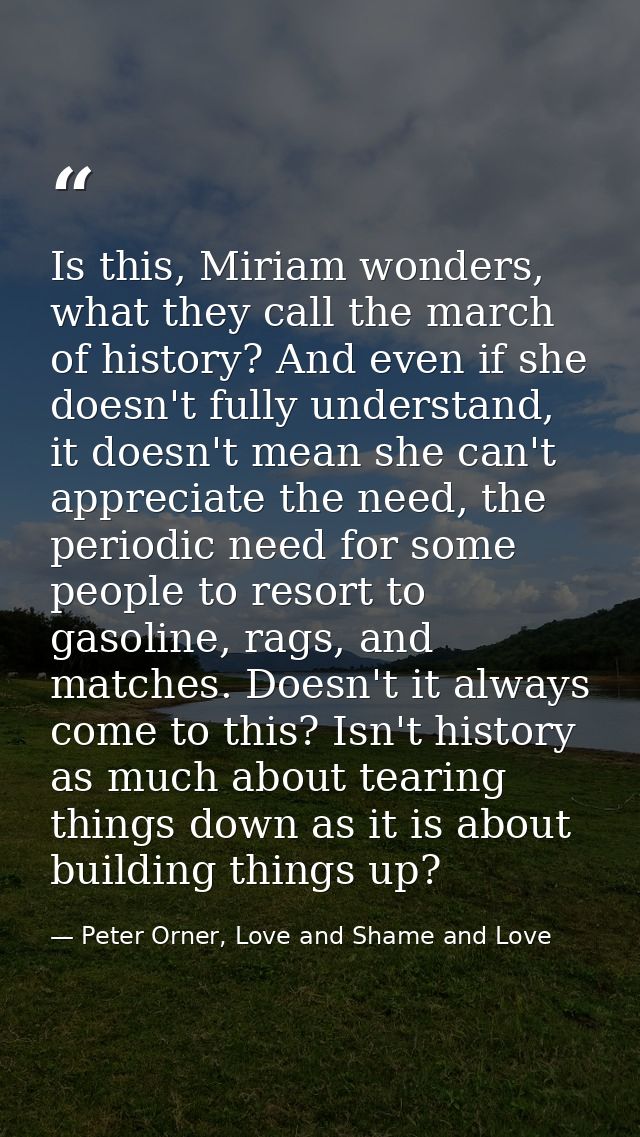 Is this, Miriam wonders, what they call the march of history? And even if she doesn't fully understand, it doesn't mean  — Peter Orner, Love and Shame and Love