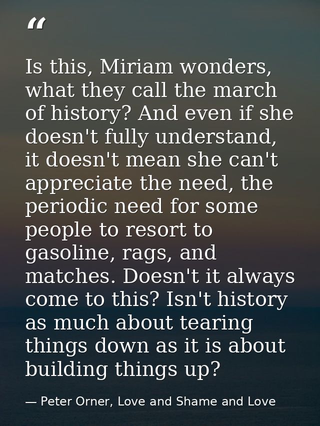 Is this, Miriam wonders, what they call the march of history? And even if she doesn't fully understand, it doesn't mean  — Peter Orner, Love and Shame and Love