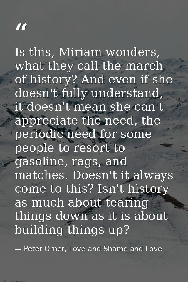 Is this, Miriam wonders, what they call the march of history? And even if she doesn't fully understand, it doesn't mean  — Peter Orner, Love and Shame and Love