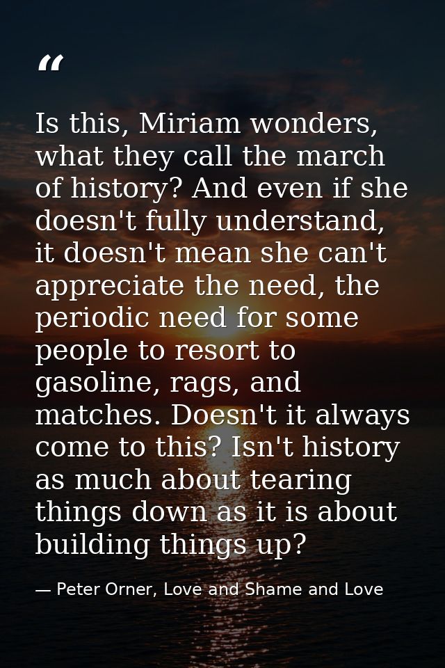 Is this, Miriam wonders, what they call the march of history? And even if she doesn't fully understand, it doesn't mean  — Peter Orner, Love and Shame and Love