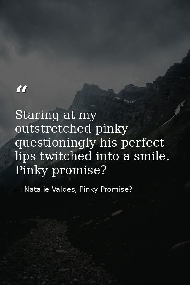 Staring at my outstretched pinky questioningly his perfect lips twitched into a smile. Pinky promise? — Natalie Valdes, Pinky Promise?