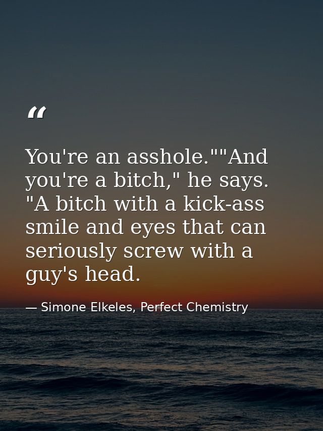 You're an asshole.""And you're a bitch," he says. "A bitch with a kick-ass smile and eyes that can seriously screw with  — Simone Elkeles, Perfect Chemistry