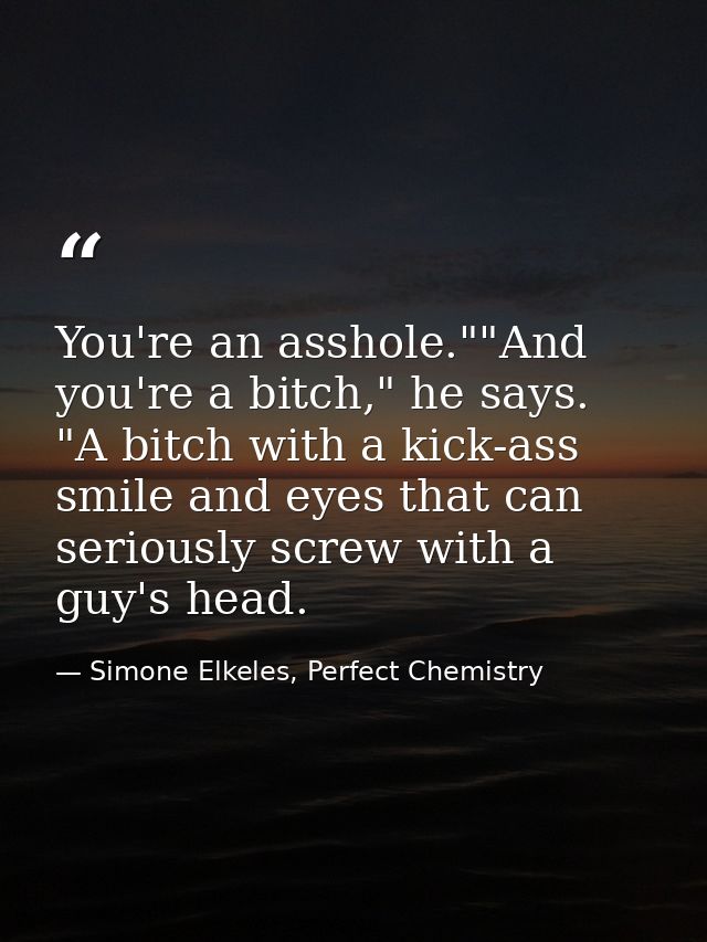 You're an asshole.""And you're a bitch," he says. "A bitch with a kick-ass smile and eyes that can seriously screw with  — Simone Elkeles, Perfect Chemistry