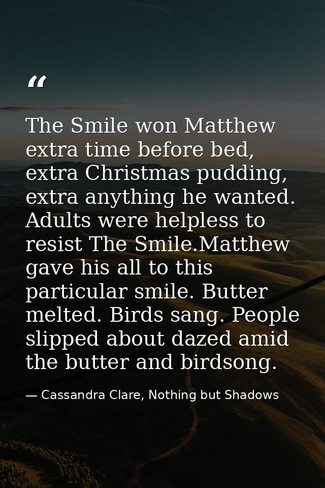 The Smile won Matthew extra time before bed, extra Christmas pudding, extra anything he wanted. Adults were helpless to  — Cassandra Clare, Nothing but Shadows