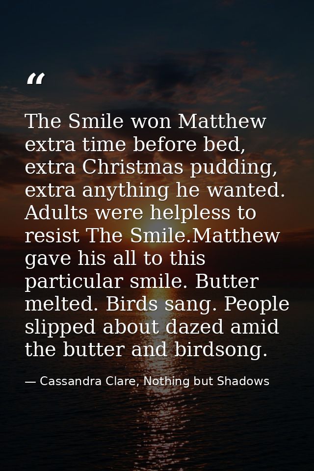 The Smile won Matthew extra time before bed, extra Christmas pudding, extra anything he wanted. Adults were helpless to  — Cassandra Clare, Nothing but Shadows