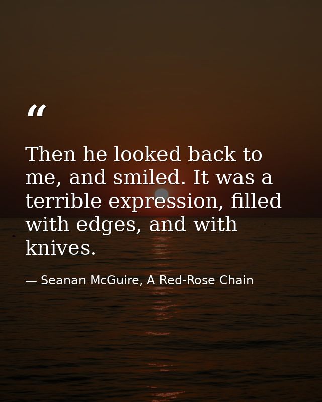 Then he looked back to me, and smiled. It was a terrible expression, filled with edges, and with knives. — Seanan McGuire, A Red-Rose Chain