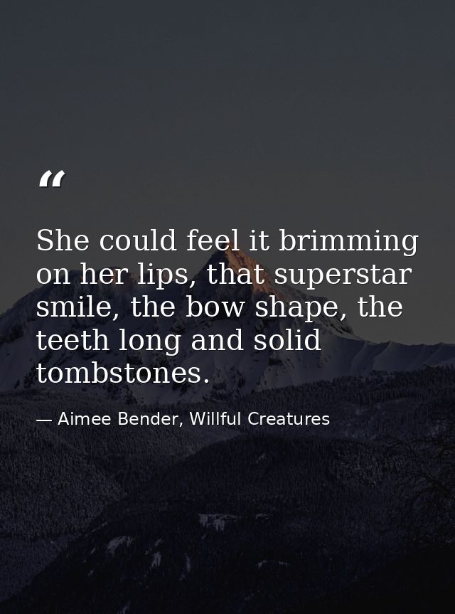 She could feel it brimming on her lips, that superstar smile, the bow shape, the teeth long and solid tombstones. — Aimee Bender, Willful Creatures