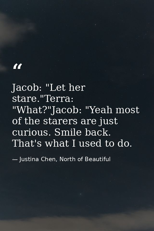 Jacob: "Let her stare."Terra: "What?"Jacob: "Yeah most of the starers are just curious. Smile back. That's what I used t — Justina Chen, North of Beautiful