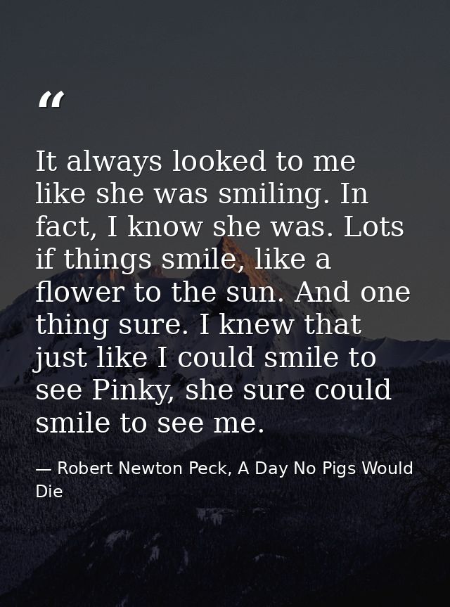It always looked to me like she was smiling. In fact, I know she was. Lots if things smile, like a flower to the sun. An — Robert Newton Peck, A Day No Pigs Would Die