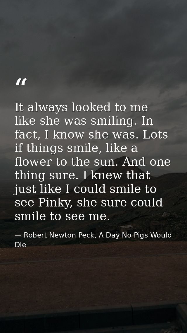 It always looked to me like she was smiling. In fact, I know she was. Lots if things smile, like a flower to the sun. An — Robert Newton Peck, A Day No Pigs Would Die