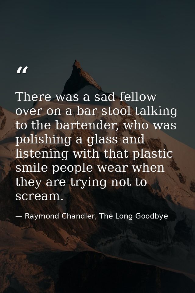 There was a sad fellow over on a bar stool talking to the bartender, who was polishing a glass and listening with that p — Raymond Chandler, The Long Goodbye