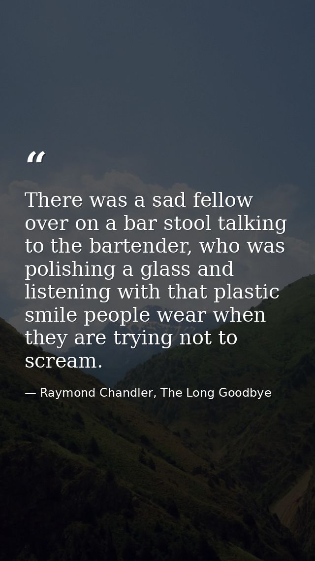 There was a sad fellow over on a bar stool talking to the bartender, who was polishing a glass and listening with that p — Raymond Chandler, The Long Goodbye