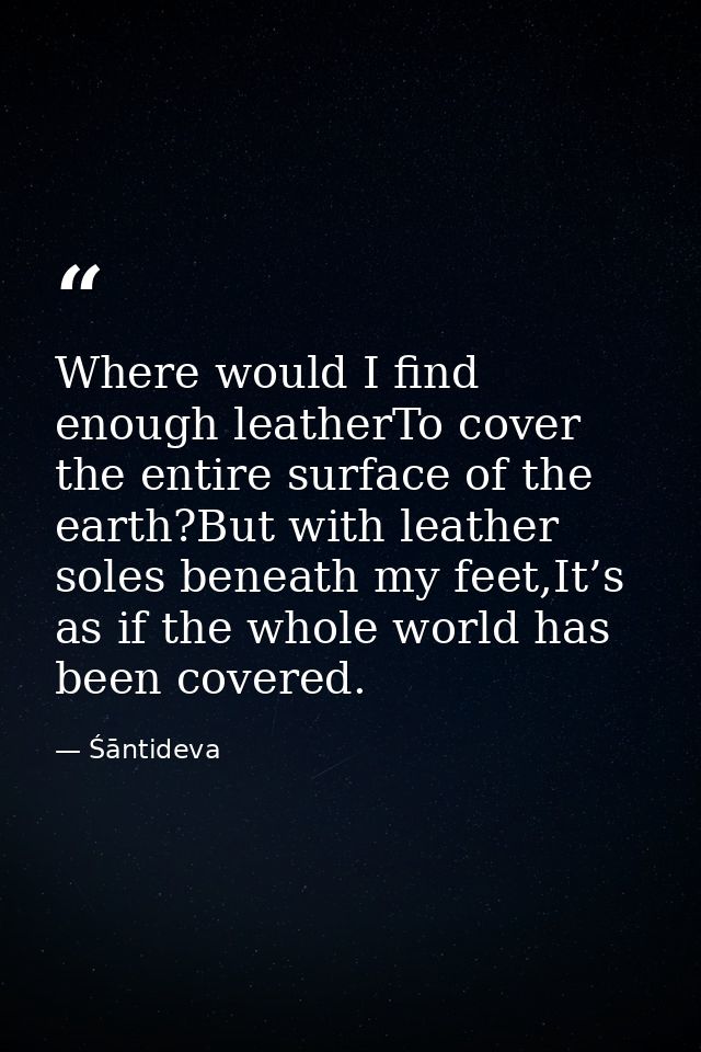 Where would I find enough leatherTo cover the entire surface of the earth?But with leather soles beneath my feet,It’s as — Śāntideva