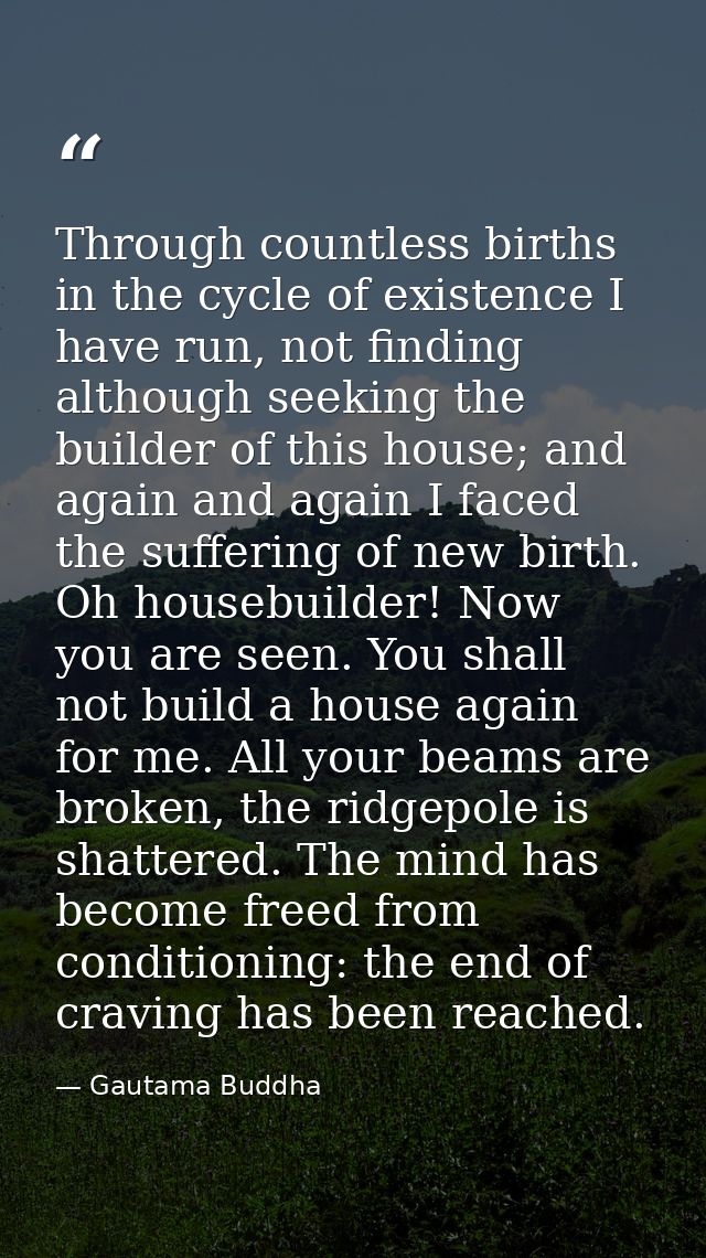 Through countless births in the cycle of existence I have run, not finding although seeking the builder of this house; a — Gautama Buddha