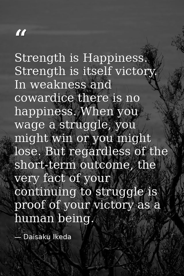 Strength is Happiness. Strength is itself victory. In weakness and cowardice there is no happiness. When you wage a stru — Daisaku Ikeda
