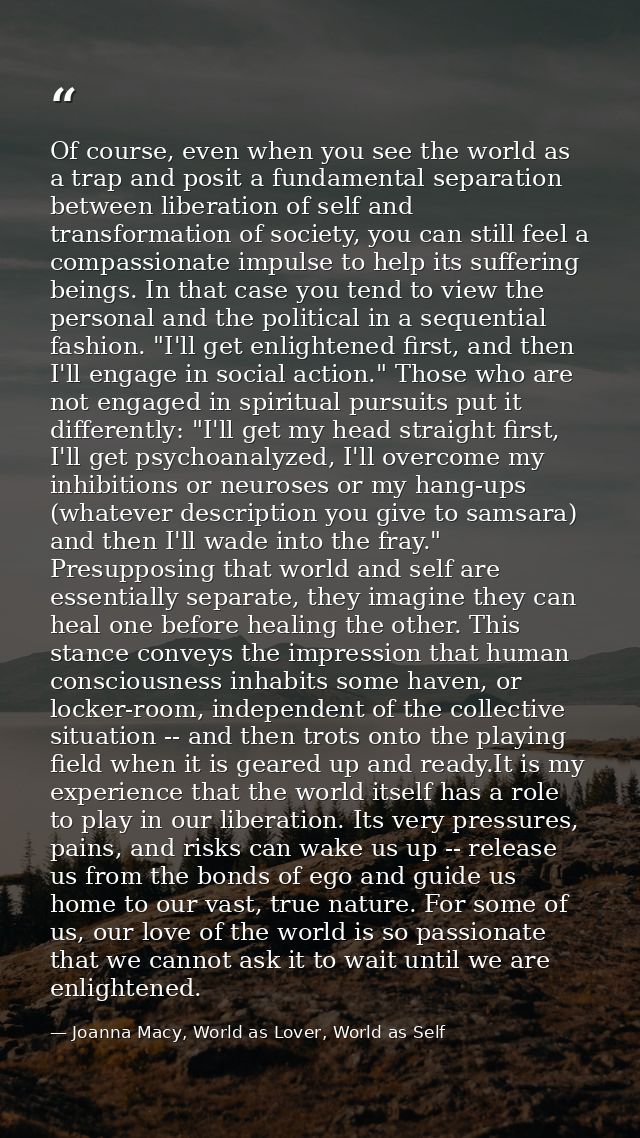 Of course, even when you see the world as a trap and posit a fundamental separation between liberation of self and trans — Joanna Macy, World as Lover, World as Self